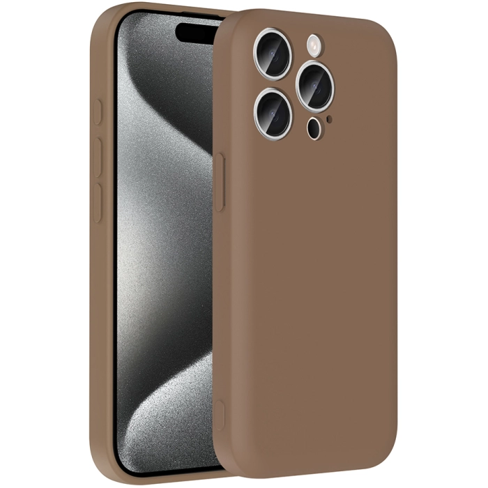 Apple iPhone 15 Pro (6.1) Kılıf İçi Kadife Dokulu Kartlık Hazneli Mat Vitra Silikon Kapak - Kahverengi