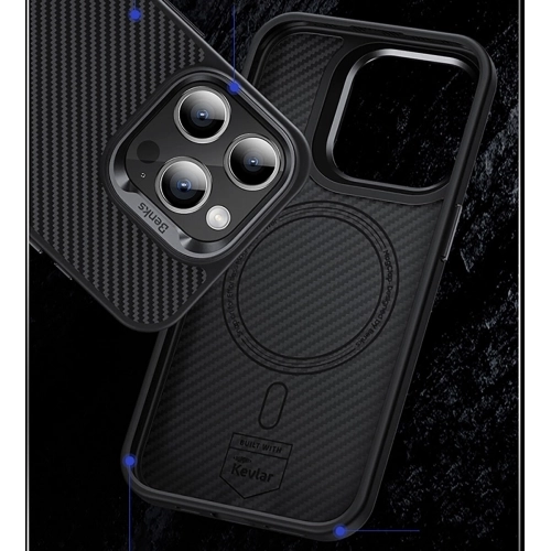 Apple iPhone 15 Pro Kılıf Karbon Fiber Magsafe Şarj Özellikli Benks Hybrid ArmorPro 600D Kevlar Kapak - Siyah