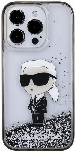 Apple iPhone 15 Pro (6.1) Kılıf Karl Lagerfeld İkonik Sıvılı Glitter Orjinal Lisanslı Kapak - Şeffaf