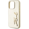 Apple iPhone 15 Pro (6.1) Kılıf Karl Lagerfeld Orjinal Lisanslı 3D KL Yazılı Tüylü Arka Yüzey Saffiano Rhinestones Kapak - Gold