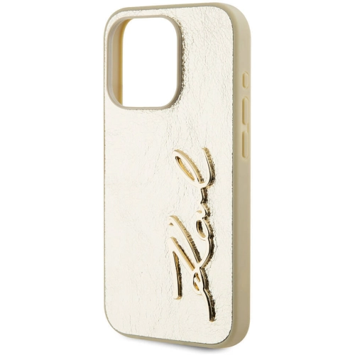 Apple iPhone 15 Pro (6.1) Kılıf Karl Lagerfeld Orjinal Lisanslı 3D KL Yazılı Tüylü Arka Yüzey Saffiano Rhinestones Kapak - Gold