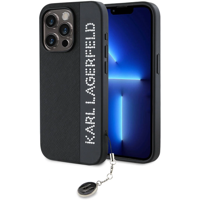 Apple iPhone 15 Pro (6.1) Kılıf Karl Lagerfeld Orjinal Lisanslı Anahtarlıklı Taşlı KL Yazılı Saffiano Rhinestones Kapak - Siyah