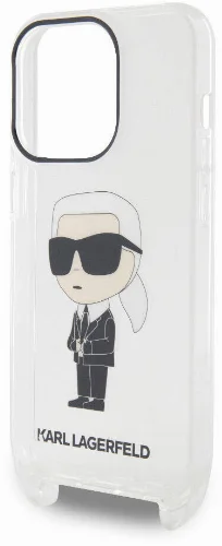 Apple iPhone 15 Pro (6.1) Kılıf Karl Lagerfeld Orjinal Lisanslı Boyun Askılı Karl İkonik Crossbody Kapak - Şeffaf