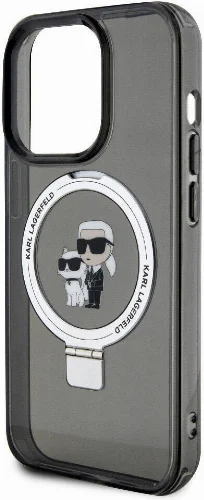 Apple iPhone 15 Pro (6.1) Kılıf Karl Lagerfeld Orjinal Lisanslı Magsafe Şarj Özellikli K&C İkonik Baskılı Ring Standlı Kapak - Siyah