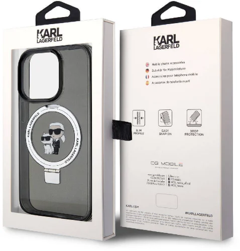 Apple iPhone 15 Pro (6.1) Kılıf Karl Lagerfeld Orjinal Lisanslı Magsafe Şarj Özellikli K&C İkonik Baskılı Ring Standlı Kapak - Beyaz