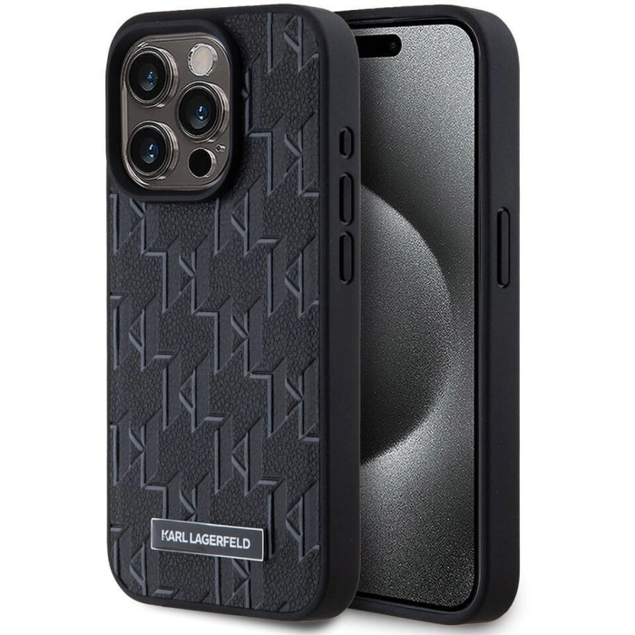Apple iPhone 15 Pro (6.1) Kılıf Karl Lagerfeld Orjinal Lisanslı Magsafe Şarj Özellikli KL Yazılı Hot Stamp Kapak - Siyah
