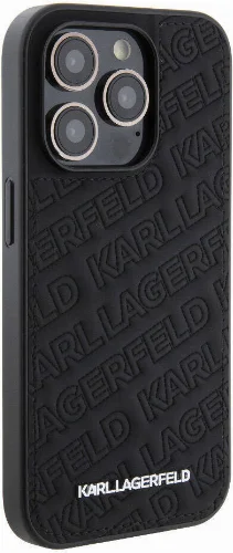 Apple iPhone 15 Pro (6.1) Kılıf Karl Lagerfeld Orjinal Lisanslı Metal Yazı Logolu Dikişli Logo Arka Yüzey Kapitone Kapak - Pembe