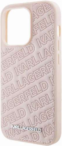 Apple iPhone 15 Pro (6.1) Kılıf Karl Lagerfeld Orjinal Lisanslı Metal Yazı Logolu Dikişli Logo Arka Yüzey Kapitone Kapak - Siyah