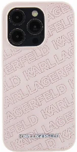 Apple iPhone 15 Pro (6.1) Kılıf Karl Lagerfeld Orjinal Lisanslı Metal Yazı Logolu Dikişli Logo Arka Yüzey Kapitone Kapak - Pembe