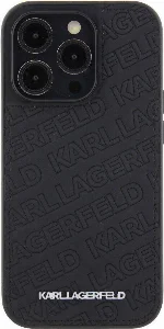Apple iPhone 15 Pro (6.1) Kılıf Karl Lagerfeld Orjinal Lisanslı Metal Yazı Logolu Dikişli Logo Arka Yüzey Kapitone Kapak - Siyah