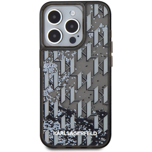 Apple iPhone 15 Pro (6.1) Kılıf Karl Lagerfeld Orjinal Lisanslı Simli KL Yazılı Monogram Gradıent Kapak - Siyah
