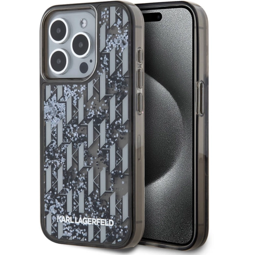 Apple iPhone 15 Pro (6.1) Kılıf Karl Lagerfeld Orjinal Lisanslı Simli KL Yazılı Monogram Gradıent Kapak - Siyah