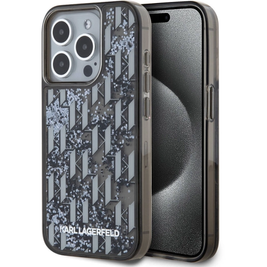 Apple iPhone 15 Pro (6.1) Kılıf Karl Lagerfeld Orjinal Lisanslı Simli KL Yazılı Monogram Gradıent Kapak - Siyah