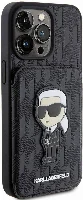 Apple iPhone 15 Pro (6.1) Kılıf Karl Lagerfeld Standlı Kartlıklı Saffiano Monogram İkonik Metal Logo Orjinal Lisanslı Kapak - Siyah