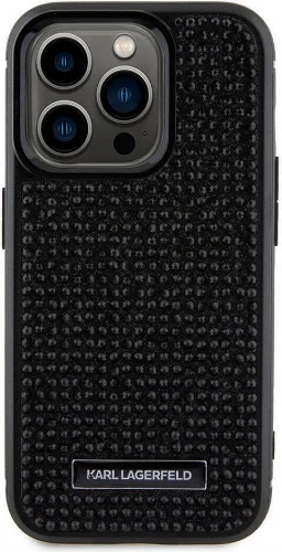 Apple iPhone 15 Pro (6.1) Kılıf Karl Lagerfeld Taşlı Metal Logo Orjinal Lisanslı Kapak - Siyah