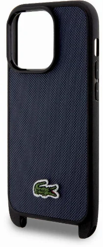 Apple iPhone 15 Pro Kılıf Lacoste Orjinal Lisanslı PU Pike Desenli Arka Yüzey Askılı İkonik Timsah Dokuma Logolu Kapak - Siyah