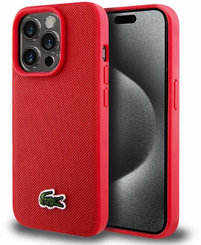 Apple iPhone 15 Pro Kılıf Lacoste Orjinal Lisanslı PU Pike Desenli Arka Yüzey İkonik Timsah Dokuma Logolu Kapak - Kırmızı