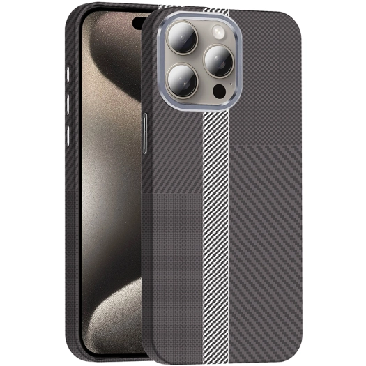 Apple iPhone 15 Pro (6.1) ile Uyumlu Kılıf MagSafe Şarj Özellikli Karbon Fiber Görünümlü Gros Kapak - Gri-Siyah