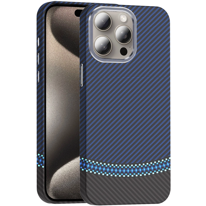 Apple iPhone 15 Pro (6.1) ile Uyumlu Kılıf MagSafe Şarj Özellikli Karbon Fiber Görünümlü Gros Kapak - Siyah-Lacivert
