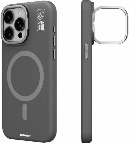 Apple iPhone 15 Pro (6.1) Kılıf Magsafe Şarj Özellikli Kamera Standlı Silikon Youngkit Bitty Cream Kapak - Gri