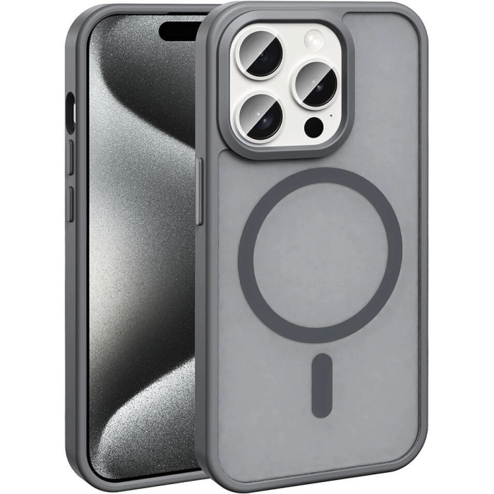 Apple iPhone 15 Pro (6.1) Kılıf Magsafe Şarj Özellikli Renkli Mat Arka Yüzey Sio Kapak - Gri