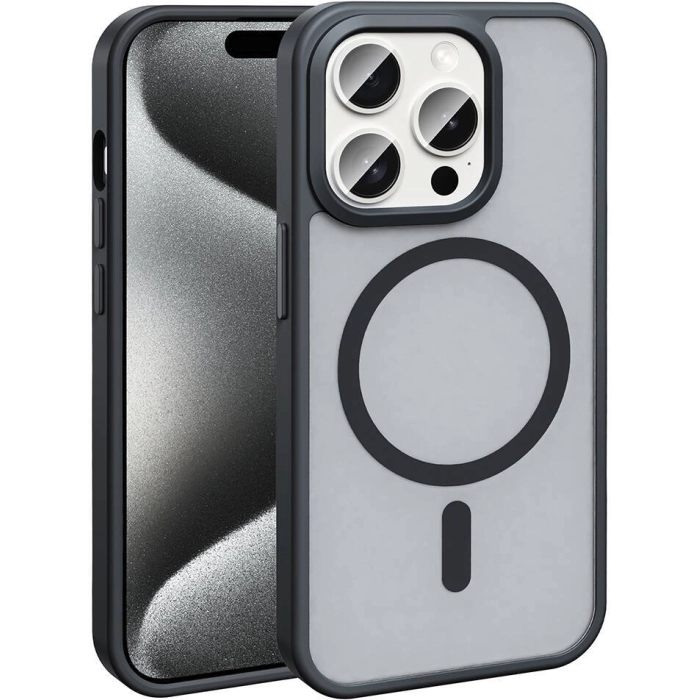 Apple iPhone 15 Pro (6.1) Kılıf Magsafe Şarj Özellikli Renkli Mat Arka Yüzey Sio Kapak - Siyah