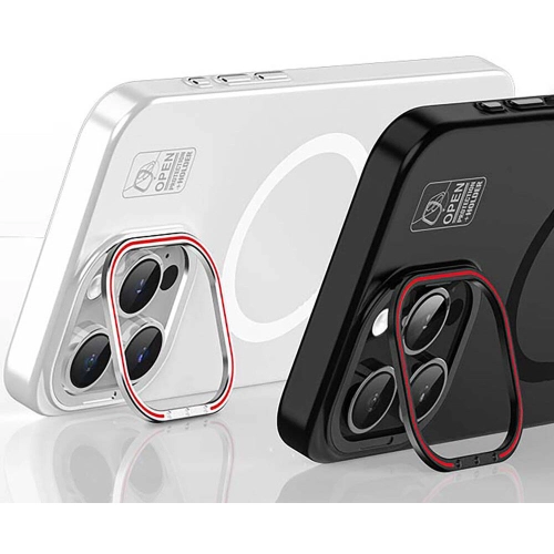 Apple iPhone 15 Pro (6.1) Kılıf Magsafe Şarj Özellikli Standlı Metal Kamera Çerçeveli Mat Recci Glaze Serisi Kapak - Beyaz