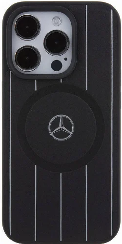Apple iPhone 15 Pro (6.1) Kılıf Mercedes Benz Orjinal Lisanslı Magsafe Şarj Özellikli Baskı Logolu Paralel Çizgi Desenli Deri Kapak - Siyah