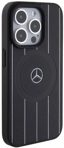 Apple iPhone 15 Pro (6.1) Kılıf Mercedes Benz Orjinal Lisanslı Magsafe Şarj Özellikli Baskı Logolu Paralel Çizgi Desenli Deri Kapak - Siyah