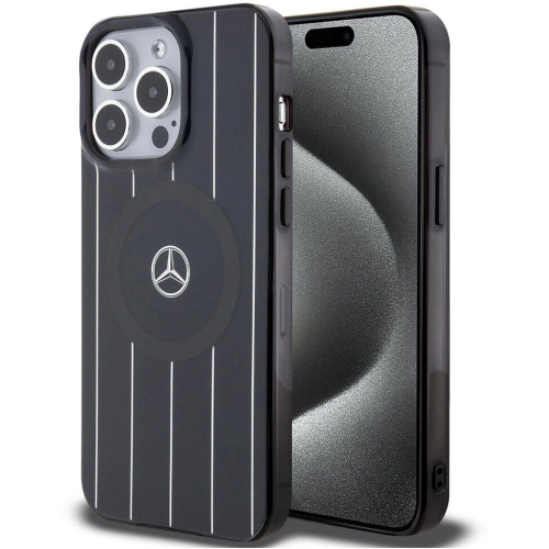 Apple iPhone 15 Pro (6.1) Kılıf Mercedes Benz Orjinal Lisanslı Magsafe Şarj Özellikli Çift Katmanlı Paralel Çizgi Desenli Kapak - Beyaz