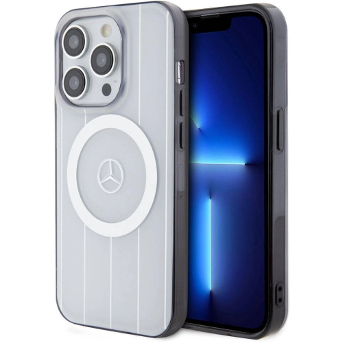 Apple iPhone 15 Pro (6.1) Kılıf Mercedes Benz Orjinal Lisanslı Magsafe Şarj Özellikli Çift Katmanlı Paralel Çizgi Desenli Kapak - Beyaz