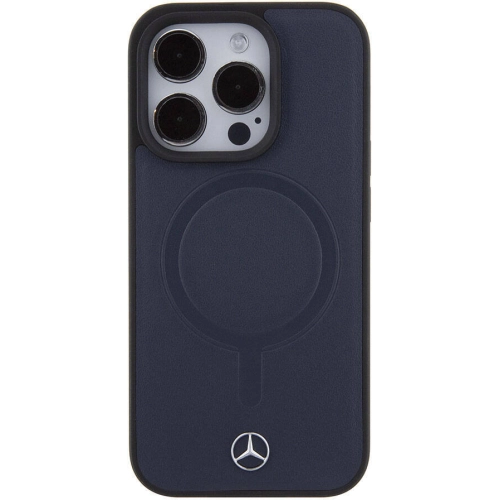 Apple iPhone 15 Pro (6.1) Kılıf Mercedes Benz Orjinal Lisanslı Magsafe Şarj Özellikli Metal Yıldız Logolu Pürüzsüz Deri Kapak - Lacivert