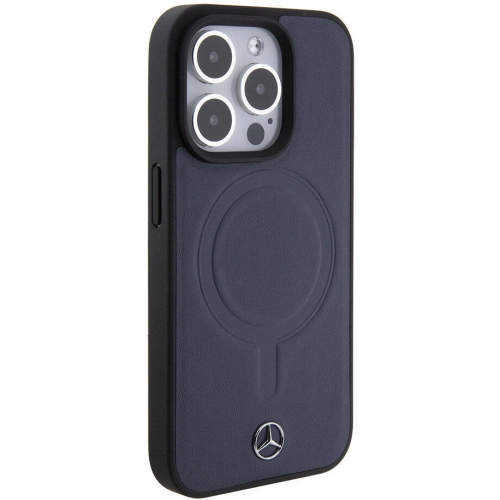 Apple iPhone 15 Pro (6.1) Kılıf Mercedes Benz Orjinal Lisanslı Magsafe Şarj Özellikli Metal Yıldız Logolu Pürüzsüz Deri Kapak - Lacivert