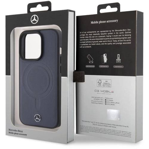 Apple iPhone 15 Pro (6.1) Kılıf Mercedes Benz Orjinal Lisanslı Magsafe Şarj Özellikli Metal Yıldız Logolu Pürüzsüz Deri Kapak - Lacivert