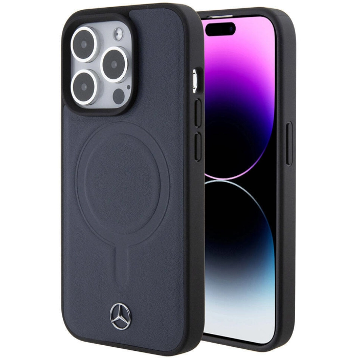 Apple iPhone 15 Pro (6.1) Kılıf Mercedes Benz Orjinal Lisanslı Magsafe Şarj Özellikli Metal Yıldız Logolu Pürüzsüz Deri Kapak - Lacivert