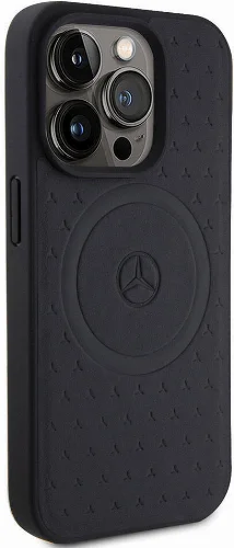 Apple iPhone 15 Pro (6.1) Kılıf Mercedes Benz Orjinal Lisanslı Magsafe Şarj Özellikli Mühürlü Yıldız Desenli ve Logolu Deri Kapak - Lacivert