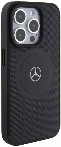 Apple iPhone 15 Pro (6.1) Kılıf Mercedes Benz Orjinal Lisanslı Magsafe Şarj Özellikli Pike Desenli Baskı Logolu Deri Kapak - Siyah