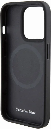 Apple iPhone 15 Pro (6.1) Kılıf Mercedes Benz Orjinal Lisanslı Magsafe Şarj Özellikli Pike Desenli Baskı Logolu Deri Kapak - Siyah