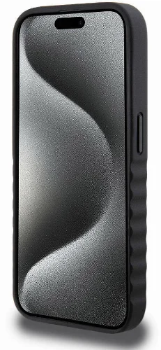Apple iPhone 15 Pro (6.1) Kılıf Mercedes Benz Orjinal Lisanslı Tırtıklı Kenar Tasarımlı Metal Yıldız Logolu Pürüzsüz Hakiki Deri Kapak - Siyah