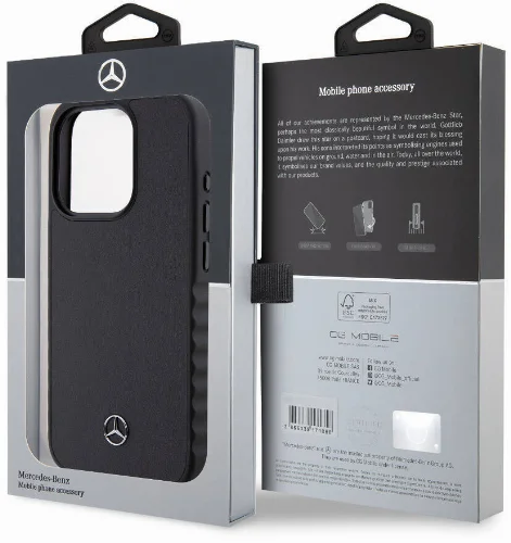 Apple iPhone 15 Pro (6.1) Kılıf Mercedes Benz Orjinal Lisanslı Tırtıklı Kenar Tasarımlı Metal Yıldız Logolu Pürüzsüz Hakiki Deri Kapak - Siyah