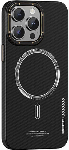 Apple iPhone 15 Pro (6.1) Kılıf Recci Machinist Serisi Magsafe Şarj Özellikli Magnetik Karbon Kapak - Siyah