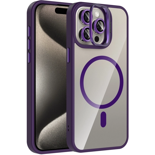 Apple iPhone 15 Pro (6.1) Kılıf Standlı ve Kamera Lens Hediyeli M-Safe Şarj Özellikli Etro Kapak - Derin Mor