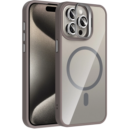 Apple iPhone 15 Pro (6.1) Kılıf Standlı ve Kamera Lens Hediyeli M-Safe Şarj Özellikli Etro Kapak - Gri