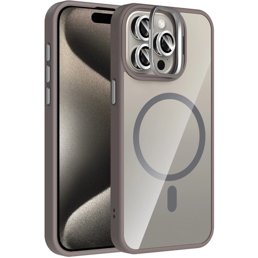 Apple iPhone 15 Pro (6.1) Kılıf Standlı ve Kamera Lens Hediyeli M-Safe Şarj Özellikli Etro Kapak - Gri