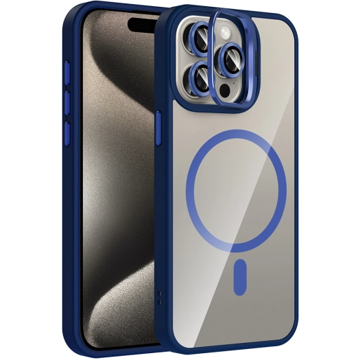 Apple iPhone 15 Pro (6.1) Kılıf Standlı ve Kamera Lens Hediyeli M-Safe Şarj Özellikli Etro Kapak - Lacivert