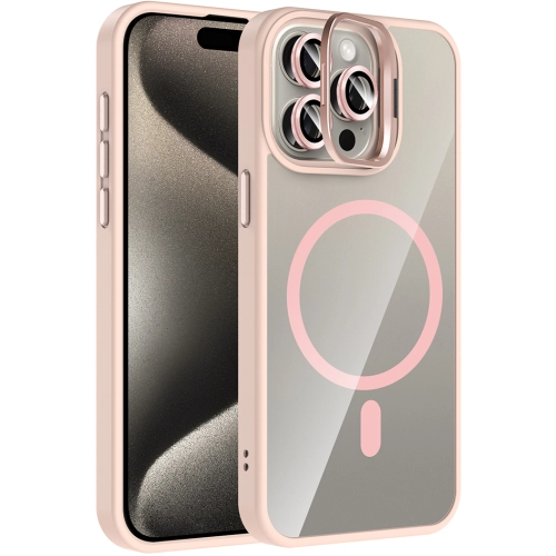 Apple iPhone 15 Pro (6.1) Kılıf Standlı ve Kamera Lens Hediyeli M-Safe Şarj Özellikli Etro Kapak - Pembe