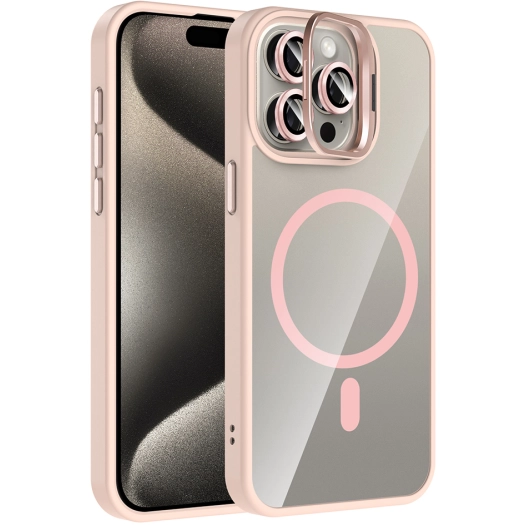 Apple iPhone 15 Pro (6.1) Kılıf Standlı ve Kamera Lens Hediyeli M-Safe Şarj Özellikli Etro Kapak - Pembe