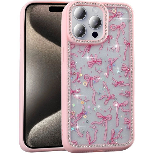 Apple iPhone 15 Pro (6.1) Kılıf Taşlı ve Simli Tasarım Lux Işıltılı Azra Kapak - Pembe