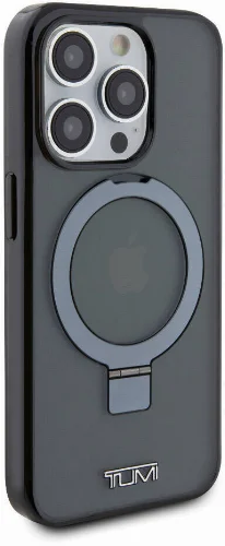 Apple iPhone 15 Pro (6.1) Kılıf TUMI Orjinal Lisanslı Magsafe Şarj Özellikli PC TPU Metal Logolu Ring Standlı Kapak - Siyah
