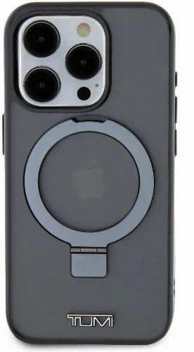 Apple iPhone 15 Pro (6.1) Kılıf TUMI Orjinal Lisanslı Magsafe Şarj Özellikli PC TPU Metal Logolu Ring Standlı Kapak - Siyah